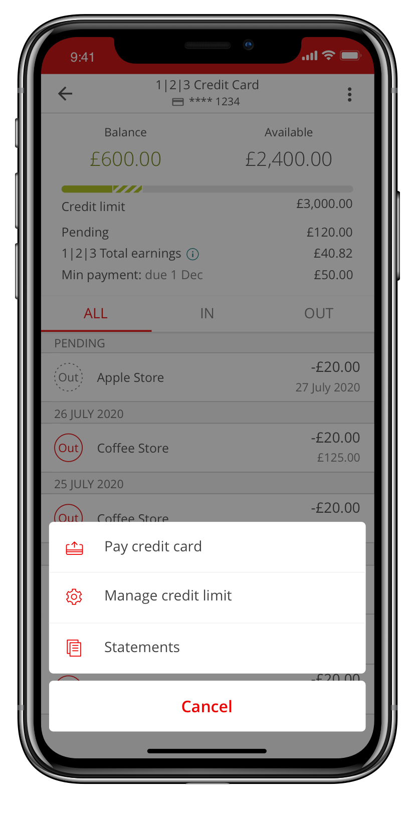 Santander Mobile Banking option to pay credit card