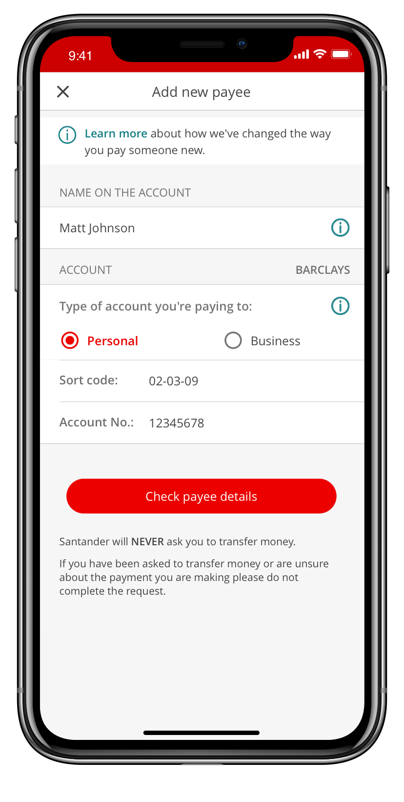 A screen in Mobile Banking to add a new payee.