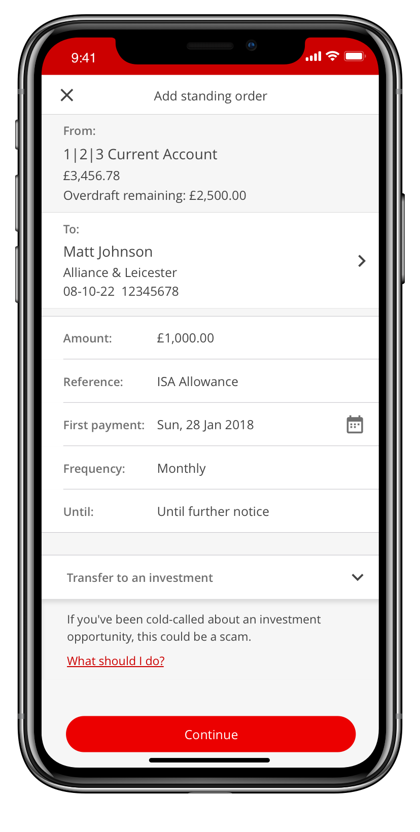 Screen to set up a new standing order in Mobile Banking