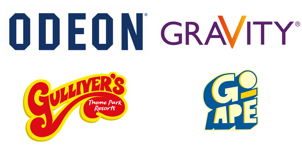4 logos that are associated with Kids Pass, Odeon cinemas, Gravity, Gulliver's Theme Park, and Go Ape