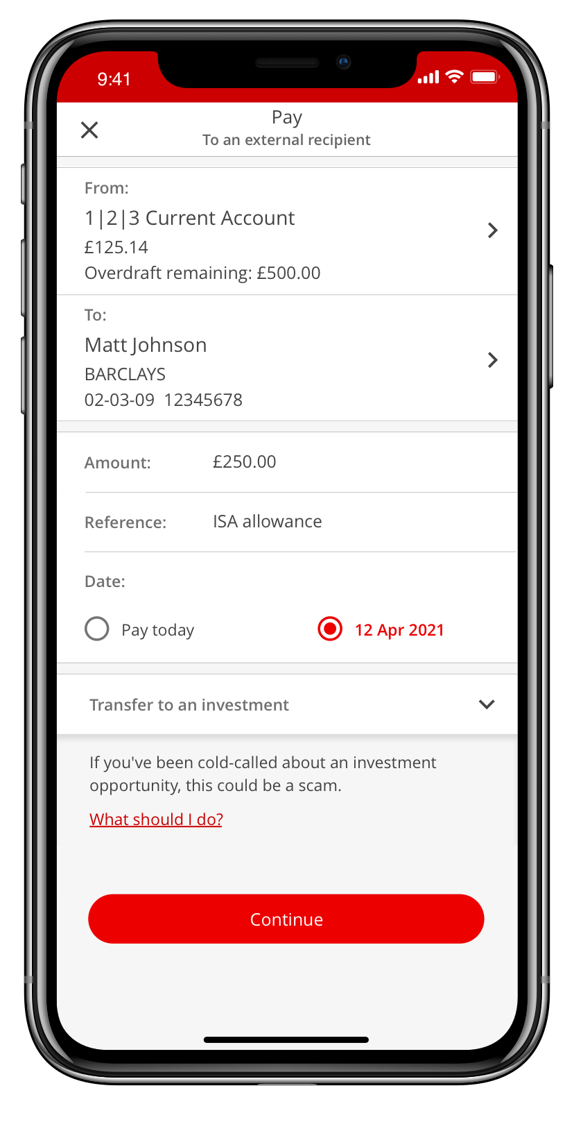 A screen to check the details you added are correct before paying an external recipient.