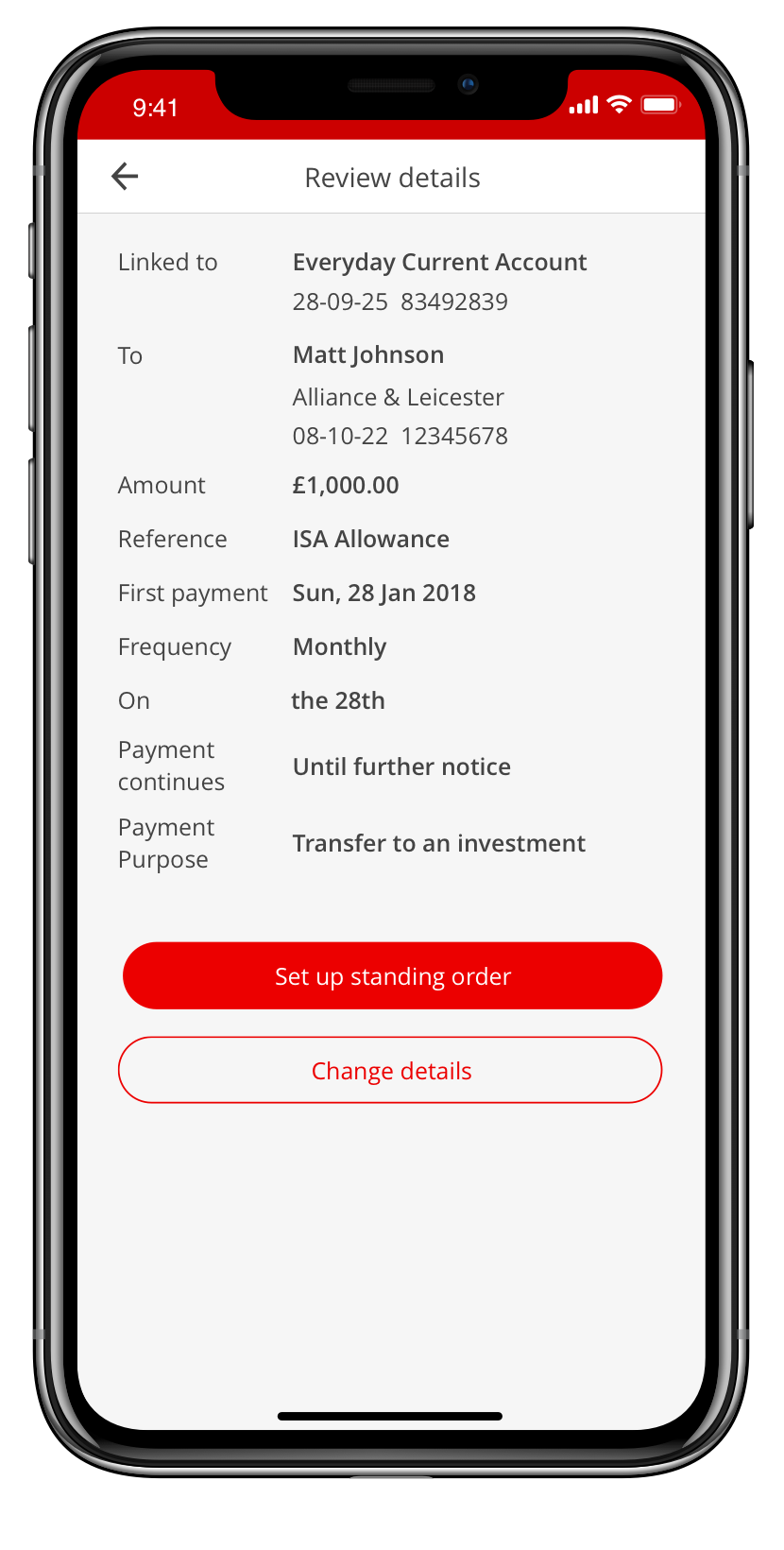 Screen to review the new standing order details