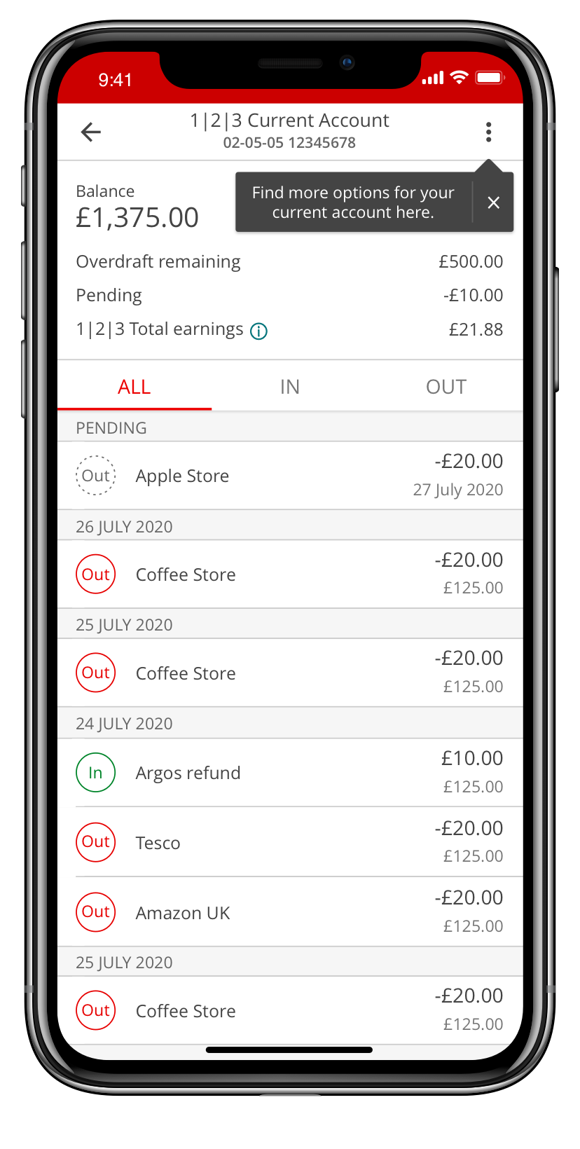 Santander Mobile Banking current account more options