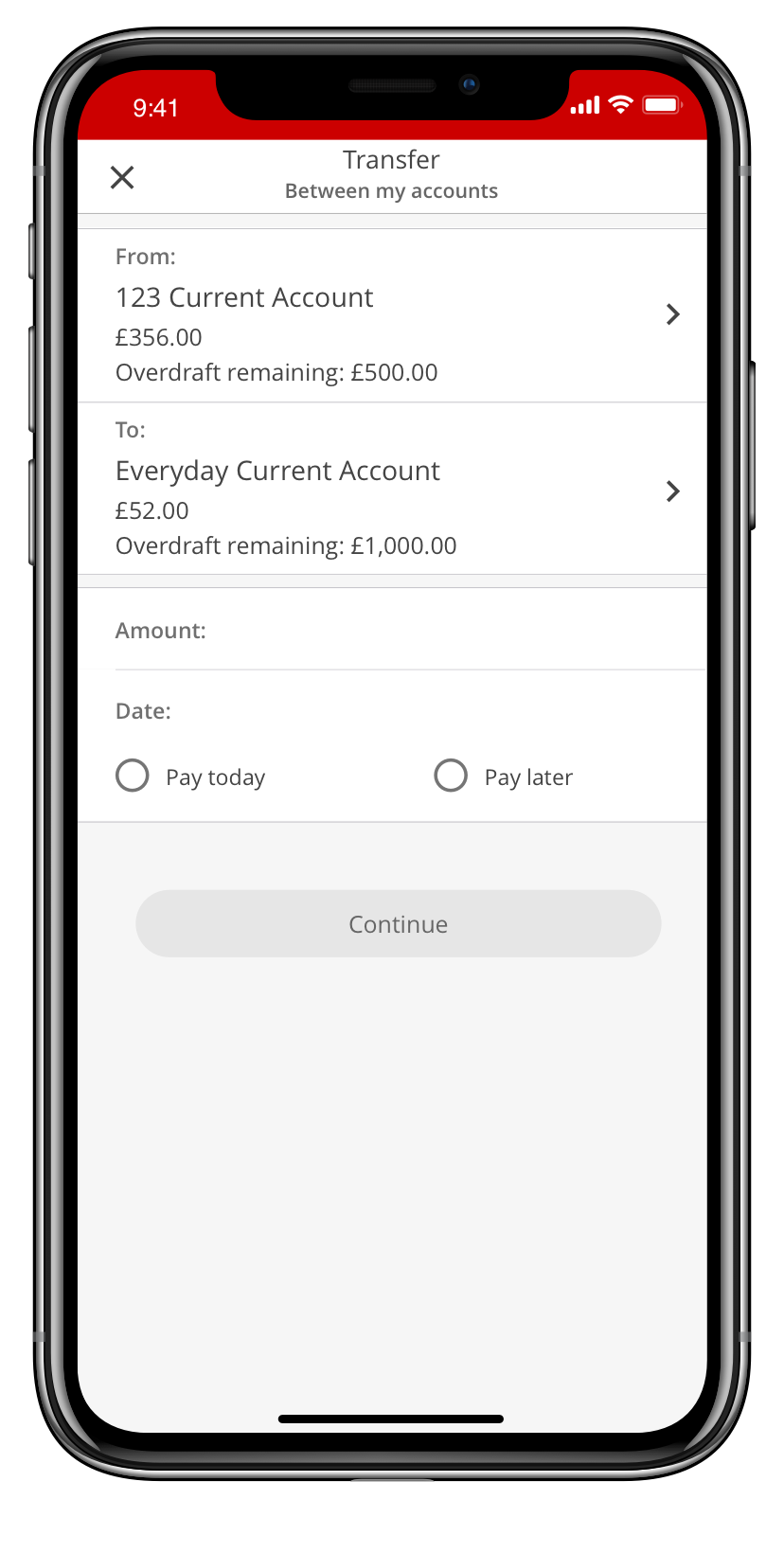 A screen in Mobile Banking where you can transfer money from one account into another you own. 