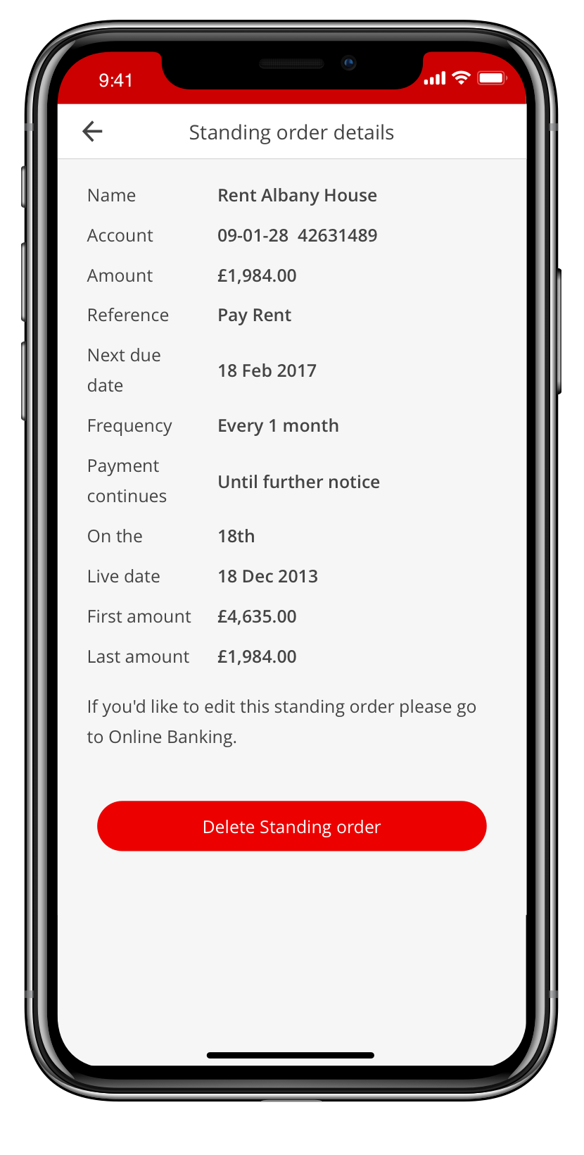 Screen to review the standing order details