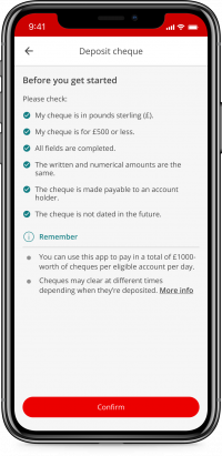 Deposit cheque screen in Mobile Banking app with a 6-step checklist you need to confirm about your cheque before continuing.