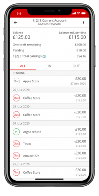 Santander mobile app current account screen shows in and outgoings