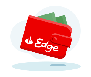 A red wallet with Edge written on it. 