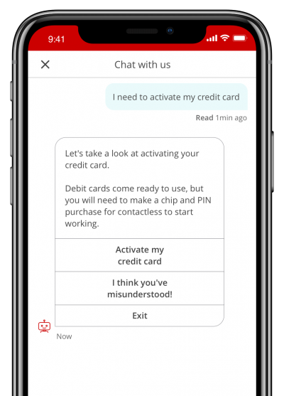 A Chat with us window in Mobile Banking with possible solutions to the question, ‘I need to activate my credit card’.