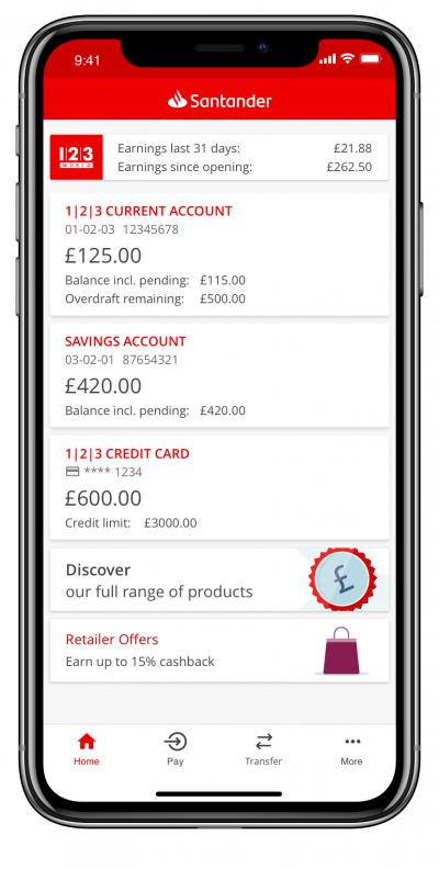 Santander home screen accounts in Mobile Banking app.