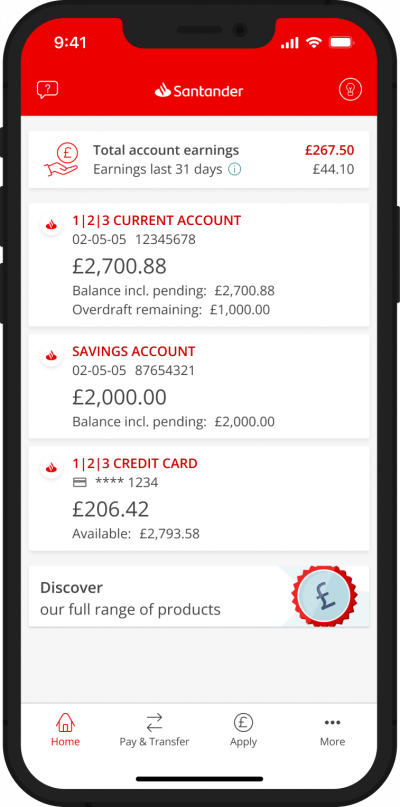 Santander home screen accounts in Mobile Banking app.