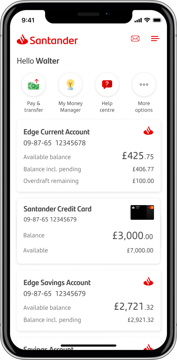 OneApp home screen with frame v2.png "All the accounts you hold with us are shown on the home screen. Other options to manage your money are easier to find."