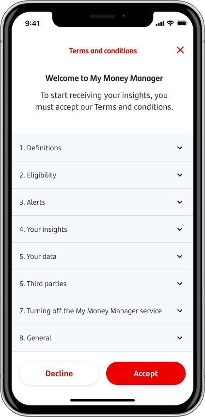  A screenshot of the mobile app with Terms and Conditions page open and all terms categories to read in accordions. There’s a decline and accept button at the bottom.