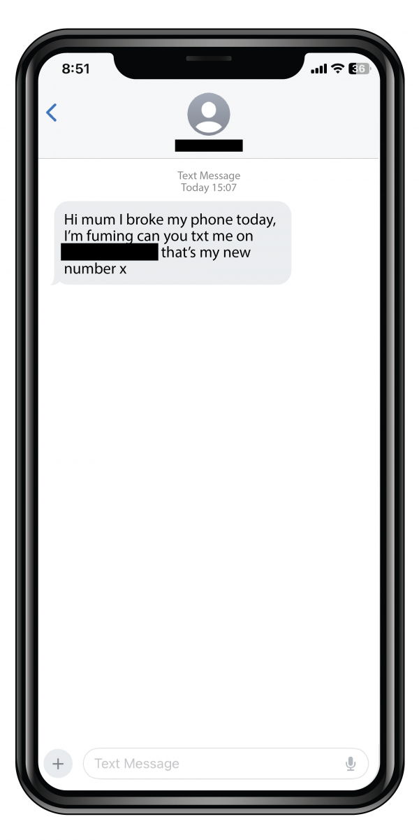 Whatsapp message of criminals impersonating someone you know, warming you up by saying things like “I dropped my phone and smashed the screen” and “I’ve borrowed my mate’s phone”