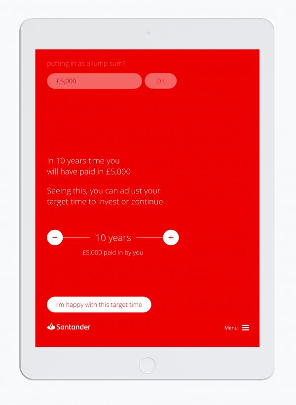 A tablet screen showing an example of £5,000 paid in as a lump sum with a 10-year target time to invest. The amount paid in and the number of years can be changed