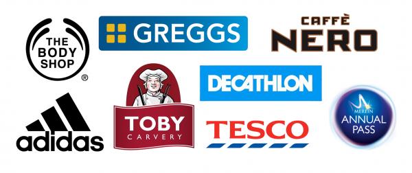 Image showing the corporate logos of The Body Shop, Greggs, Caffe Nero, Adidas, Toby Carvery, Decathlon, Tesco and Merlin
