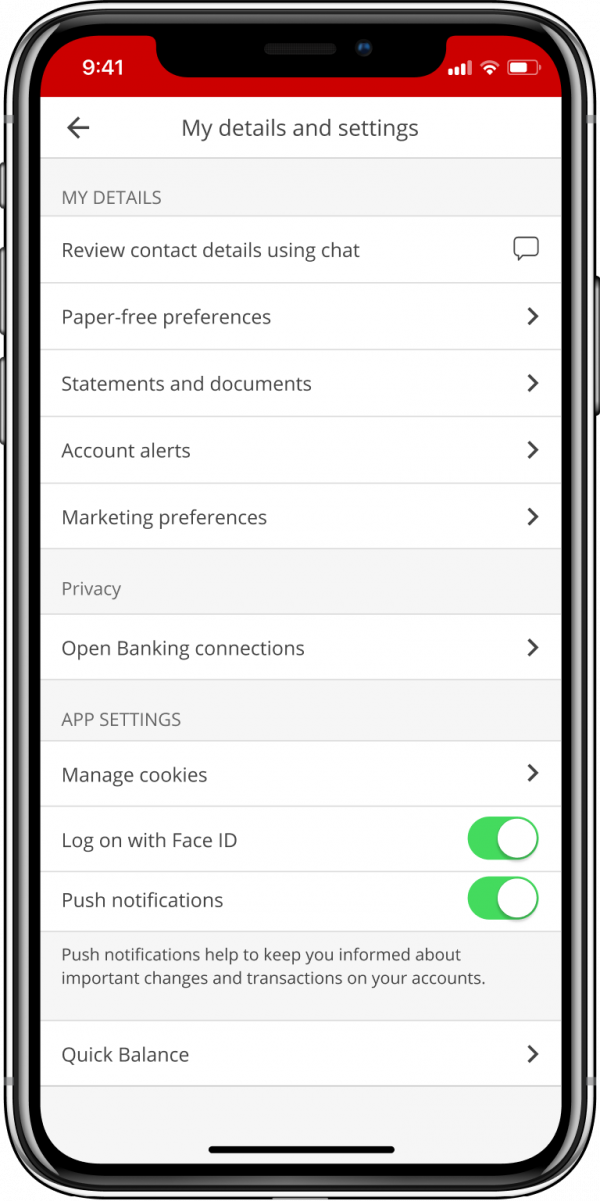 Santander Mobile Banking – my details and settings screen