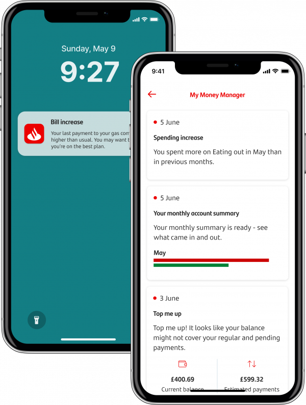 Two mobile screens, one with a 'Bill increase' notification on the lock screen from My Money Manager, and one with My Money Manager homepage. With 3 tabs, from 5 June and 3 June, showing 'Spending increase', 'Your monthly account summary' and a 'Top me up' balance check reminder. 