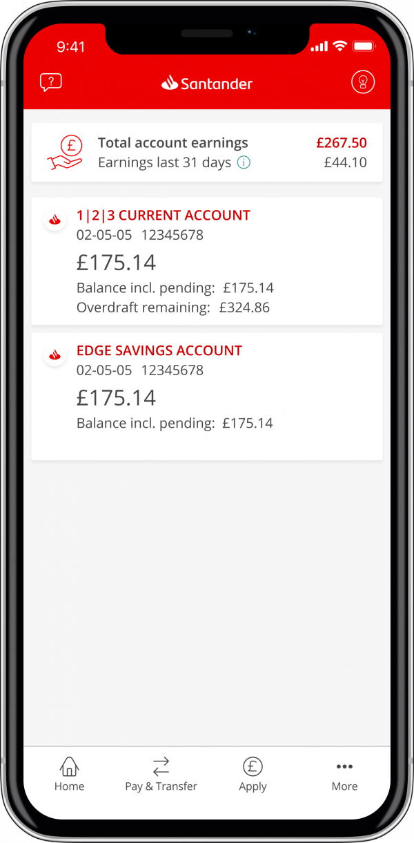 A screenshot of the Santander mobile banking app homepage with account summaries, and the My Money Manager logo lightbulb logo at the top right of the screen. It's in line with the Santander logo.