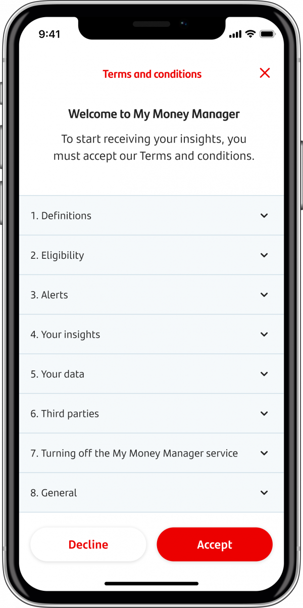 A screenshot of the mobile app with the Terms and Conditions page open and all terms categories to read in accordions. There’s a decline and accept button at the bottom.