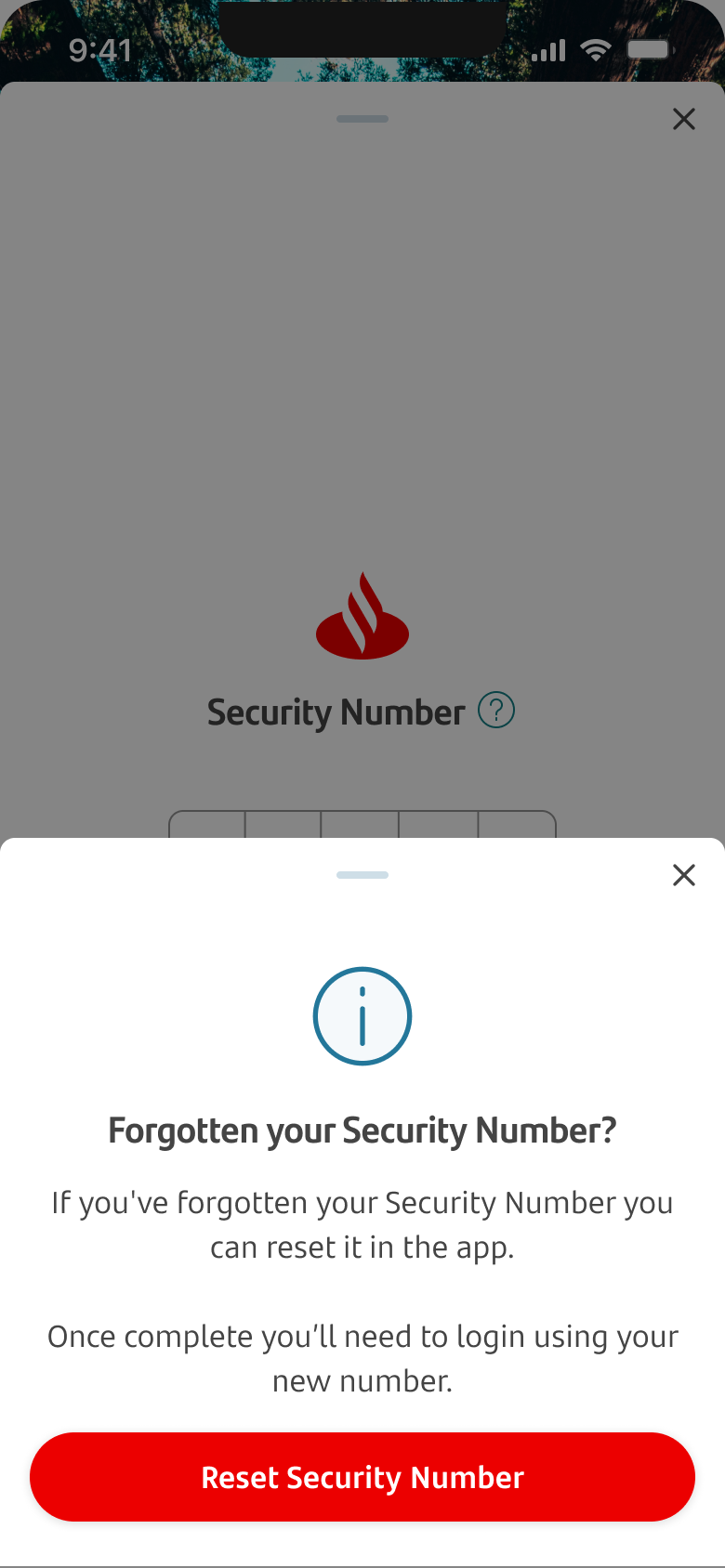 Alert screen asking customers if they had forgotten their Security Number.