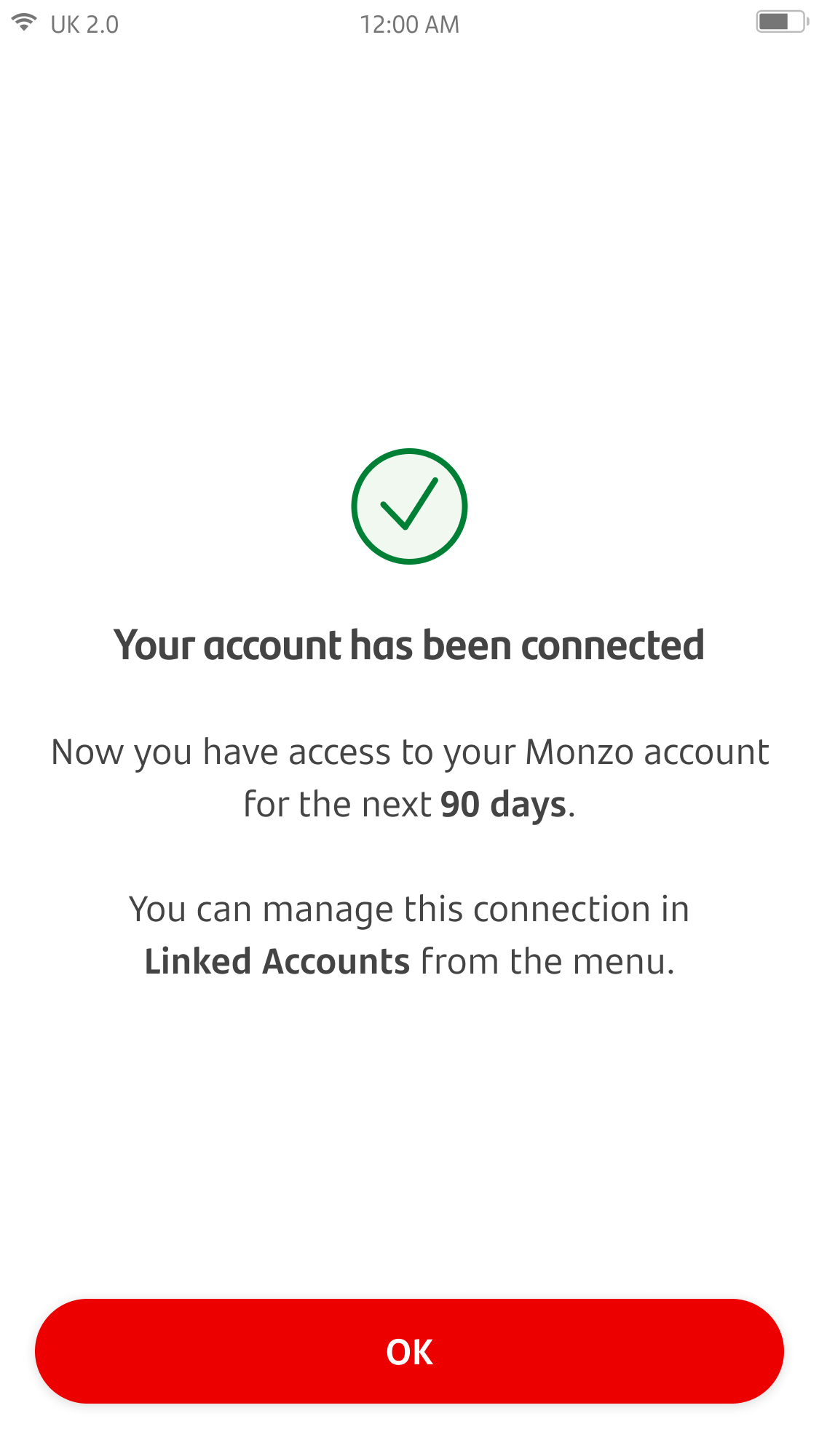 Success screen for connecting an account with another provider.