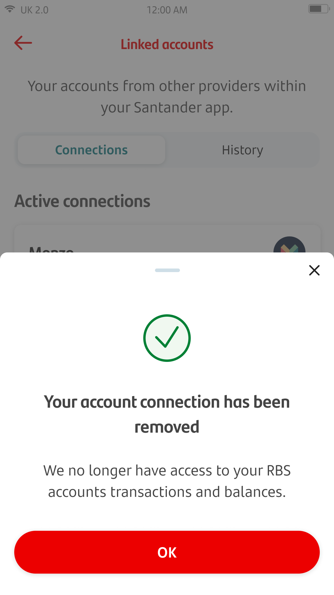 Confirmation screen for account connection removed