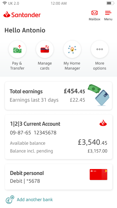 Home page screen showing current and saving accounts