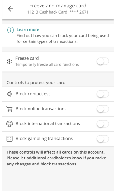 Once you’ve tapped the ”Freeze and manage card” new option, you’ll see what actions you can enable/disable.
