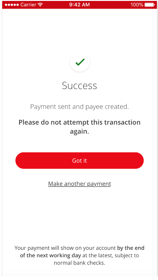 Mobile banking add payee success screenshot