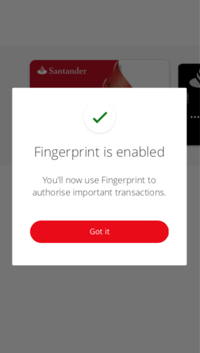 Confirmation that the user’s fingerprint can be used to authorise this type of transaction.