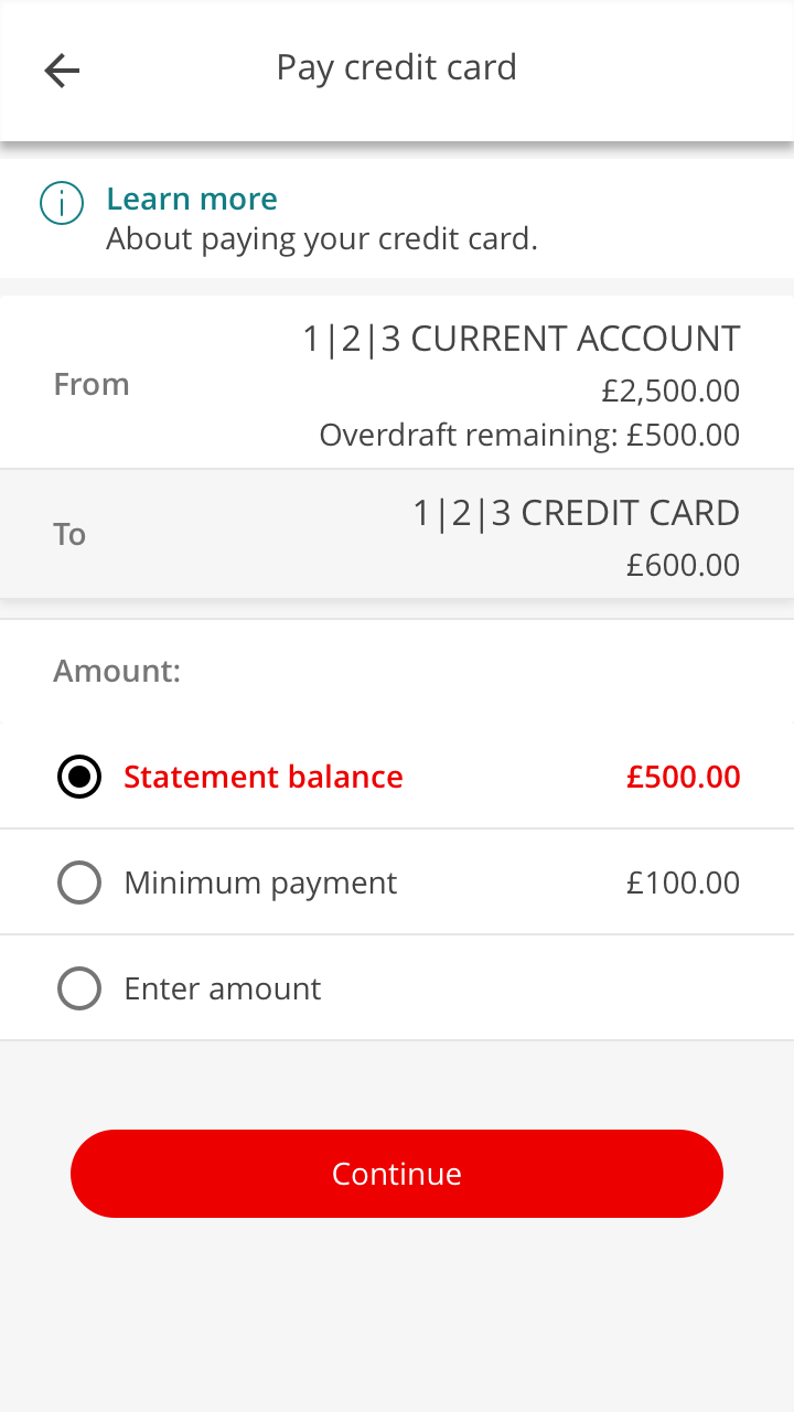 When you click ‘Amount’ we’ll give you the choice to pay your statement balance, your minimum monthly payment or an amount you choose.