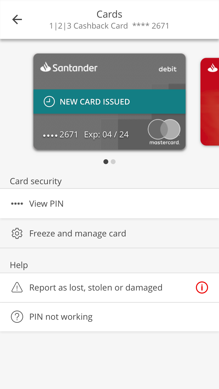 An overview of your card in the ‘Cards’ menu to say that a new card has been issued