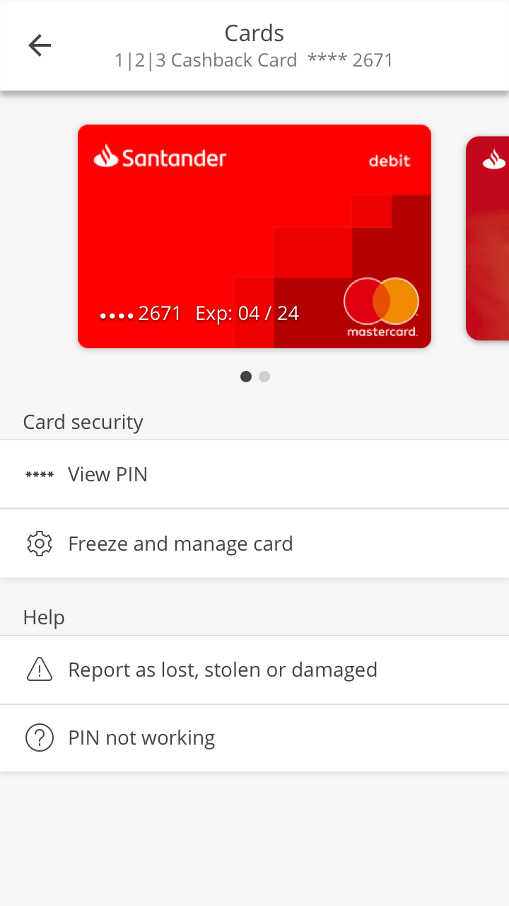 A screen with an overview of your card with options to view or make changes.