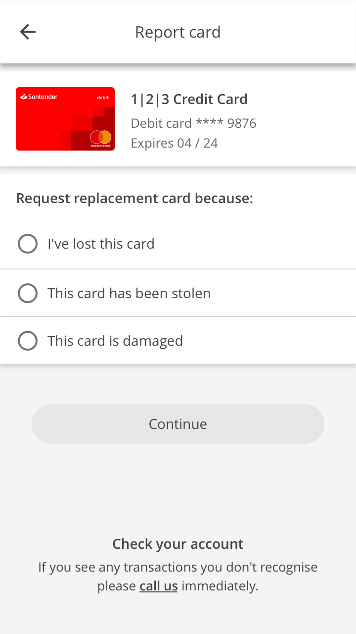 The ‘Report card’ menu in Mobile Banking with options to request a replacement card.