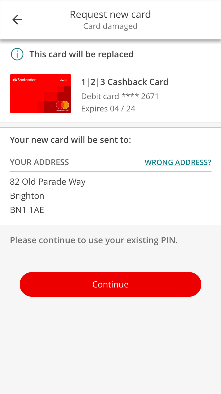 A screen in Mobile Banking to confirm the address that your new card will be sent to.
