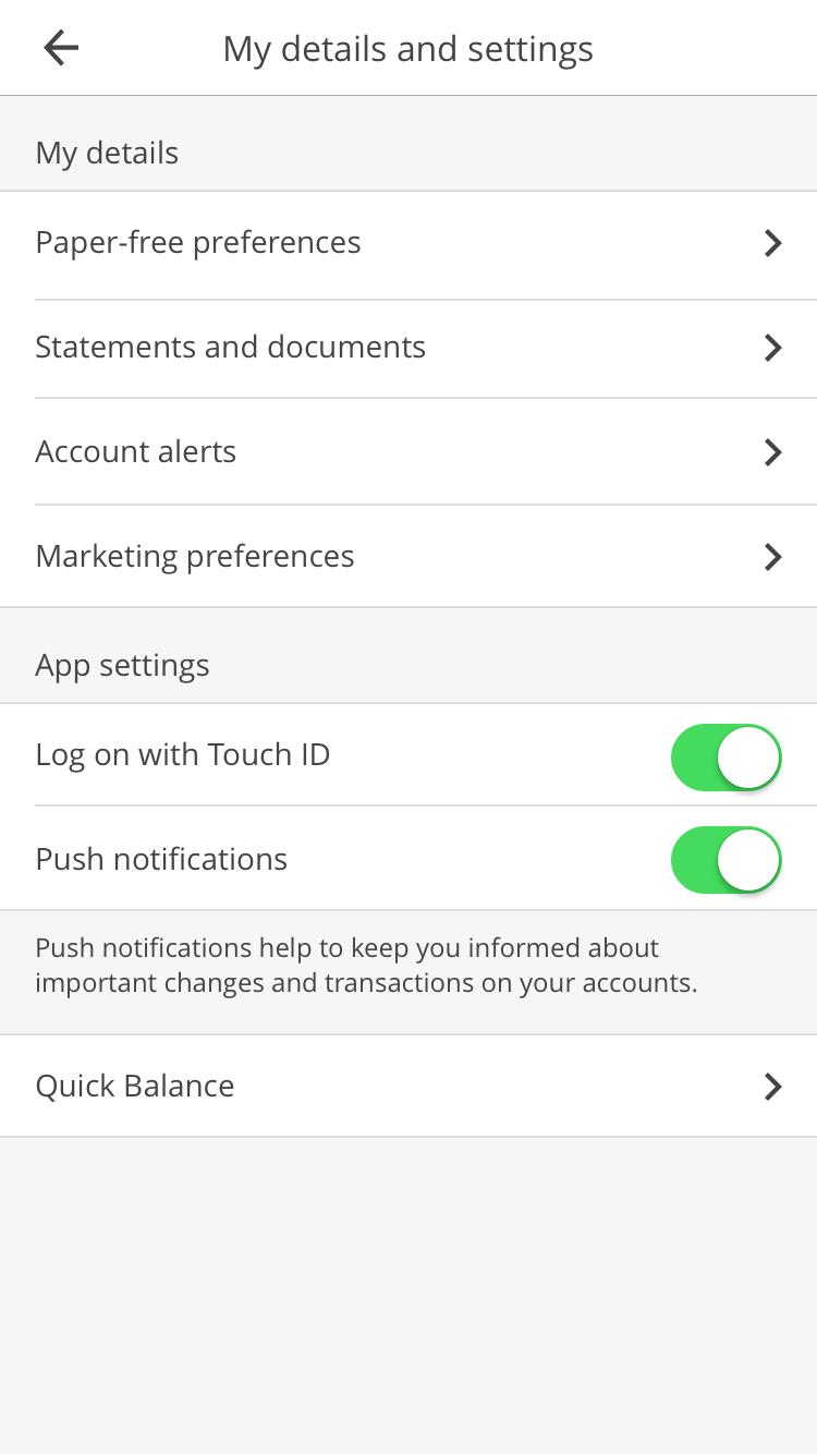 Mobile banking details and settings screenshot