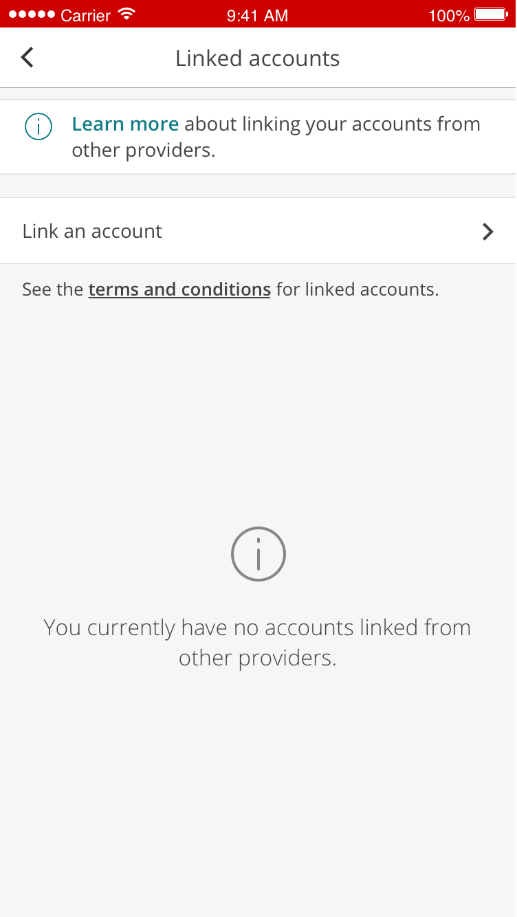 Linked accounts menu in Mobile Banking with the option to start linking an account from another provider