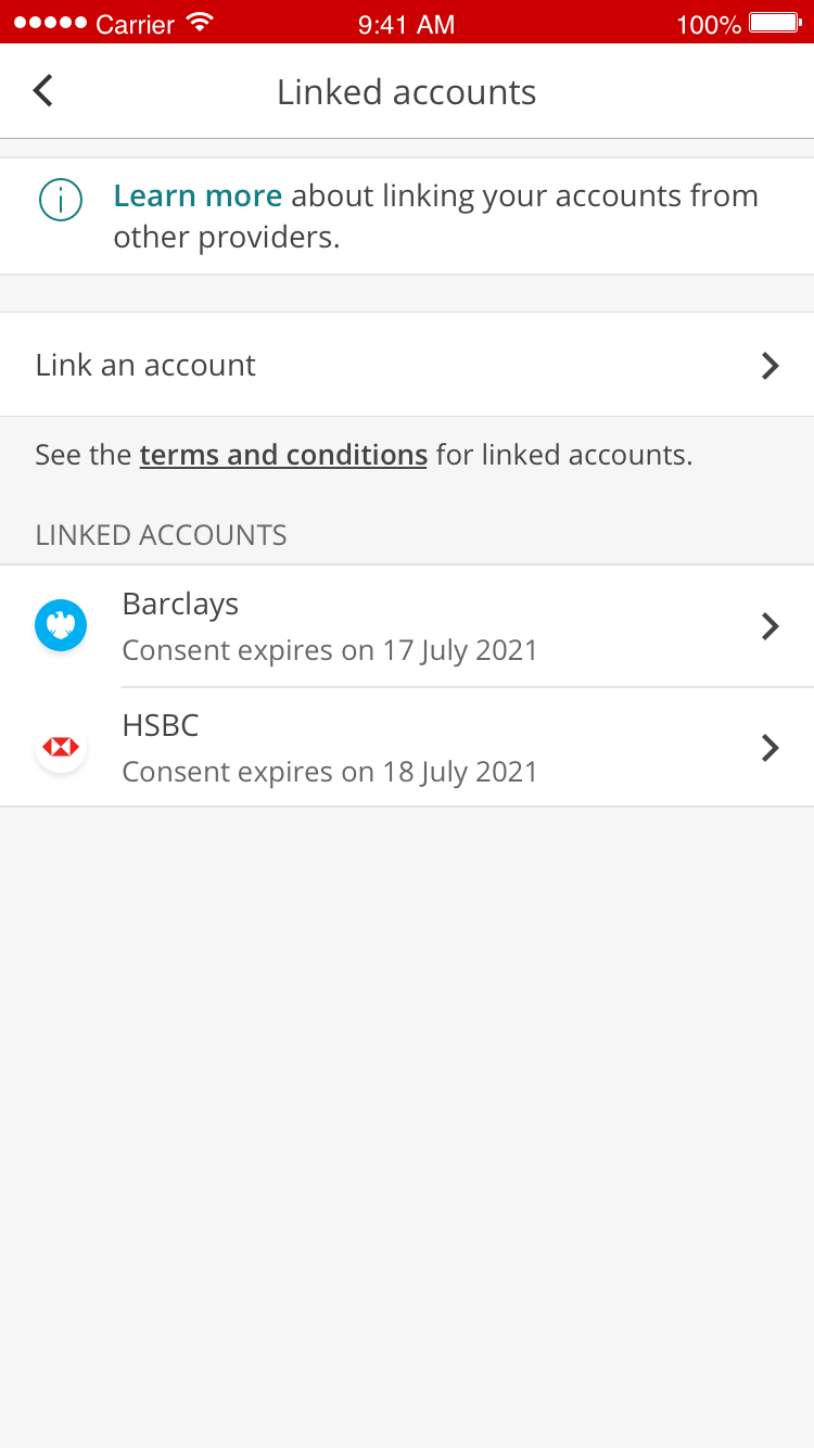 Linked accounts menu in Mobile Banking