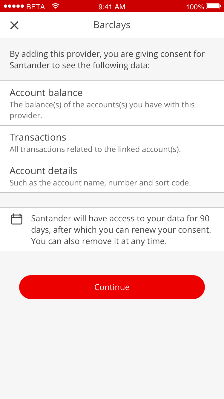 Screen in Mobile Banking with information about the data Santander will get from this provider.