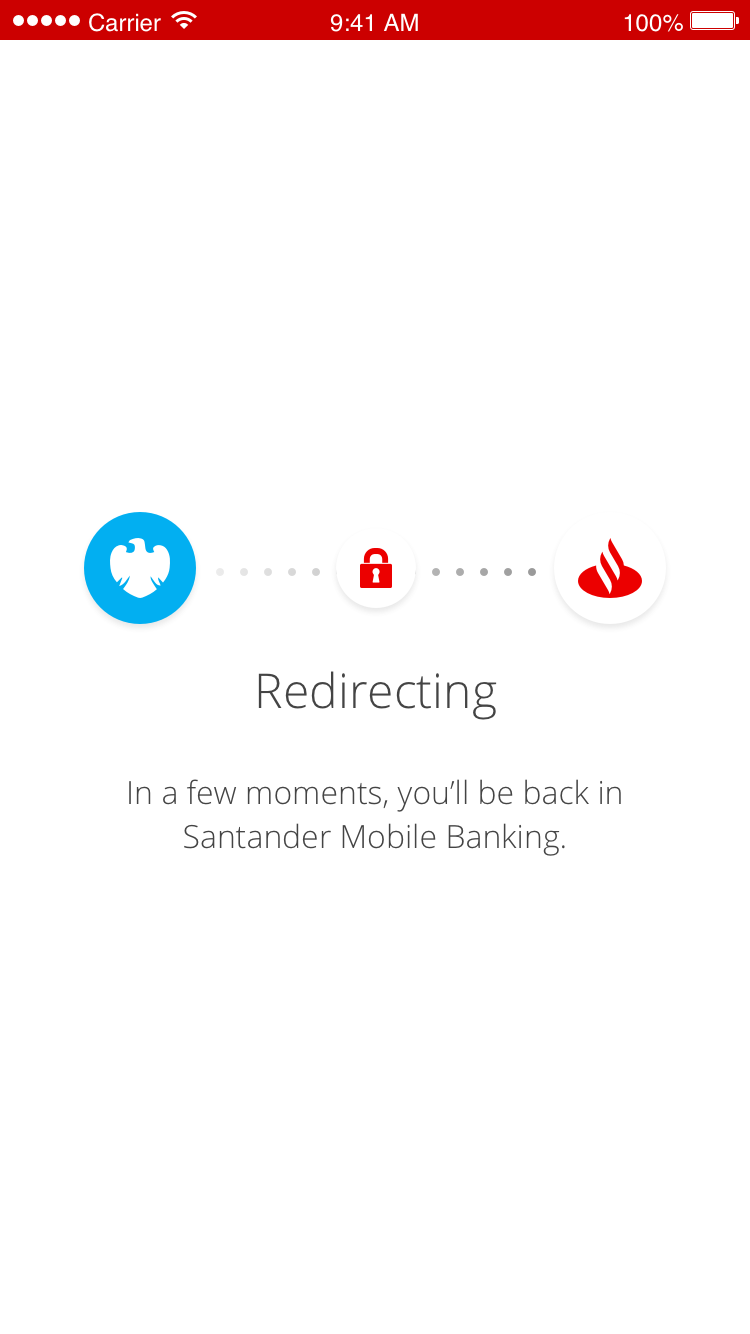 A redirection screen from another provider and back to Santander Mobile Banking.