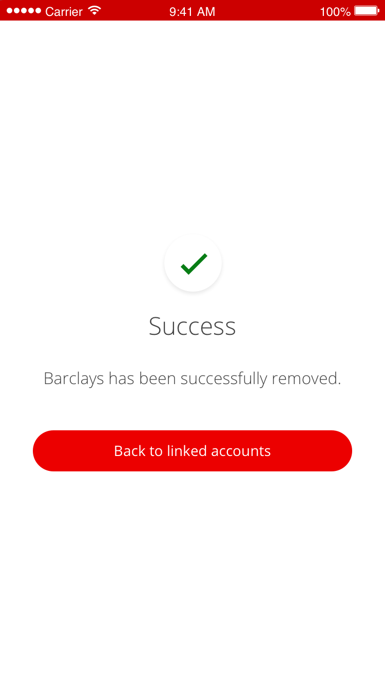 A success screen in Mobile Banking to say that a linked account has been successfully removed. 