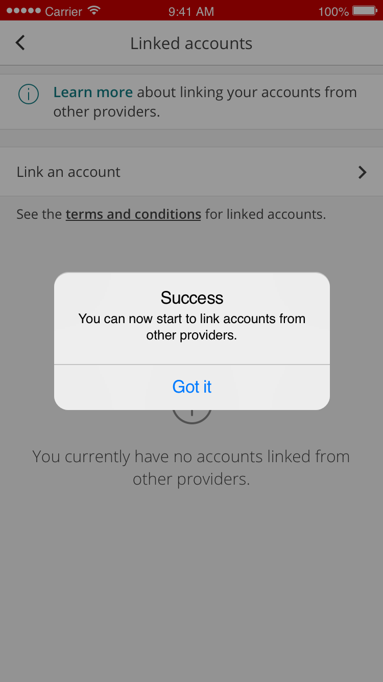 A 'Success' screen in Mobile Banking to confirm that you can now start linking accounts from other providers.