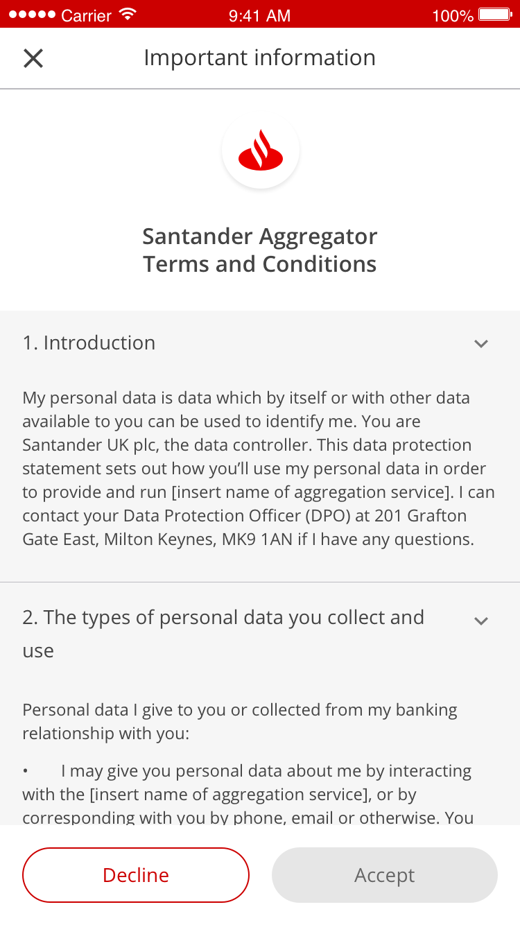 Santander Terms and Conditions plus a Data Protection Statement for linking a provider.