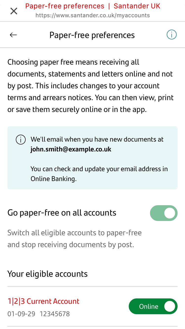 Screenshot of mobile banking paper free preferences