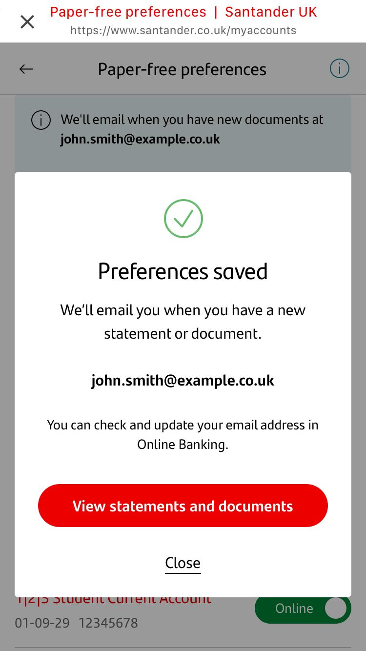 Screenshot of mobile banking paper free preferences confirmation