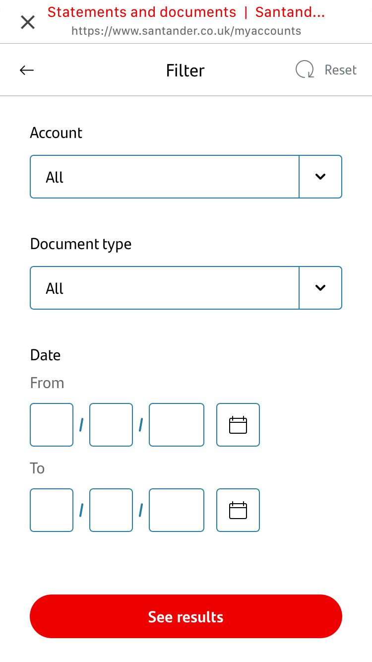 Screenshot of mobile banking statements and documents filter screen