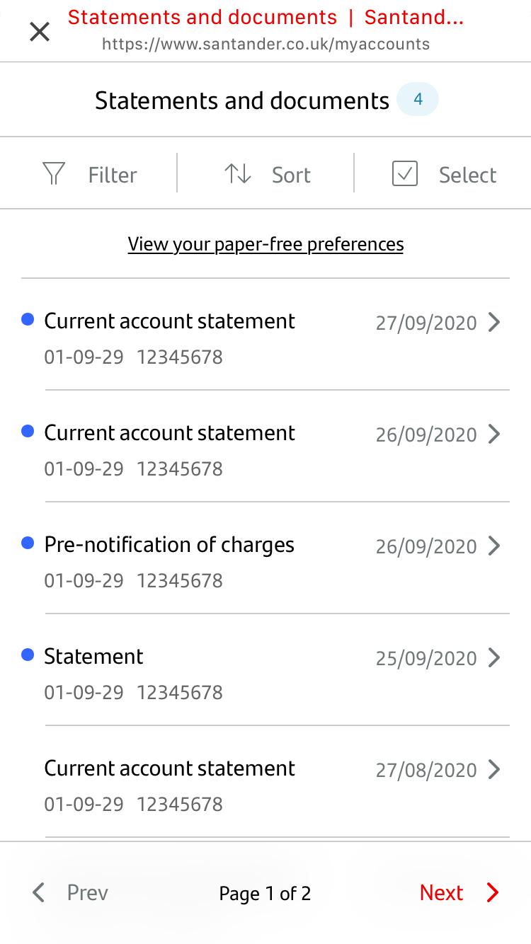 Screenshot of mobile banking statements list screen