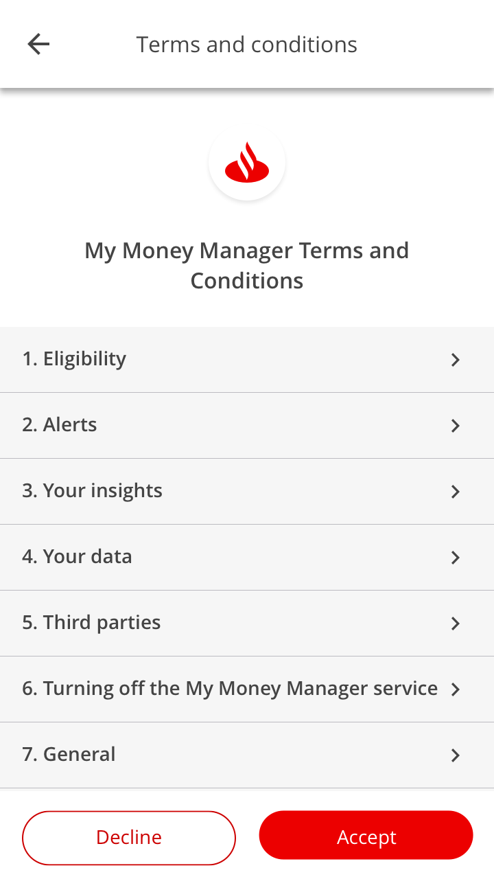 When you’ve been through our demo screens you can choose to go ahead and use My Money Manager by accepting our terms and conditions.
