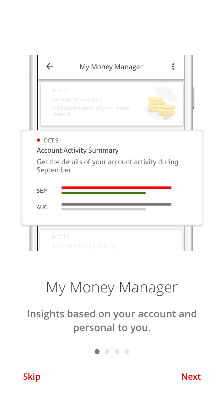 The first time you use My Money Manager we’ll show you a few screens to give you an idea of what it will look like. You can choose to skip them if you want to.